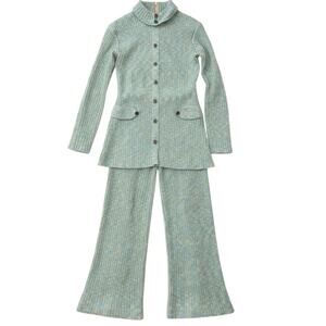 Vintage Erika Ribbed Knit Cardigan Pants Matching Set Lounge Made in Hong Kong S